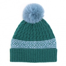Teal Cable Knit Diamond Border Bobble Hat by Peace of Mind
